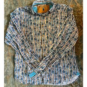 Visconti Black Men's Button-Up Shirt Striped Floral, Size L